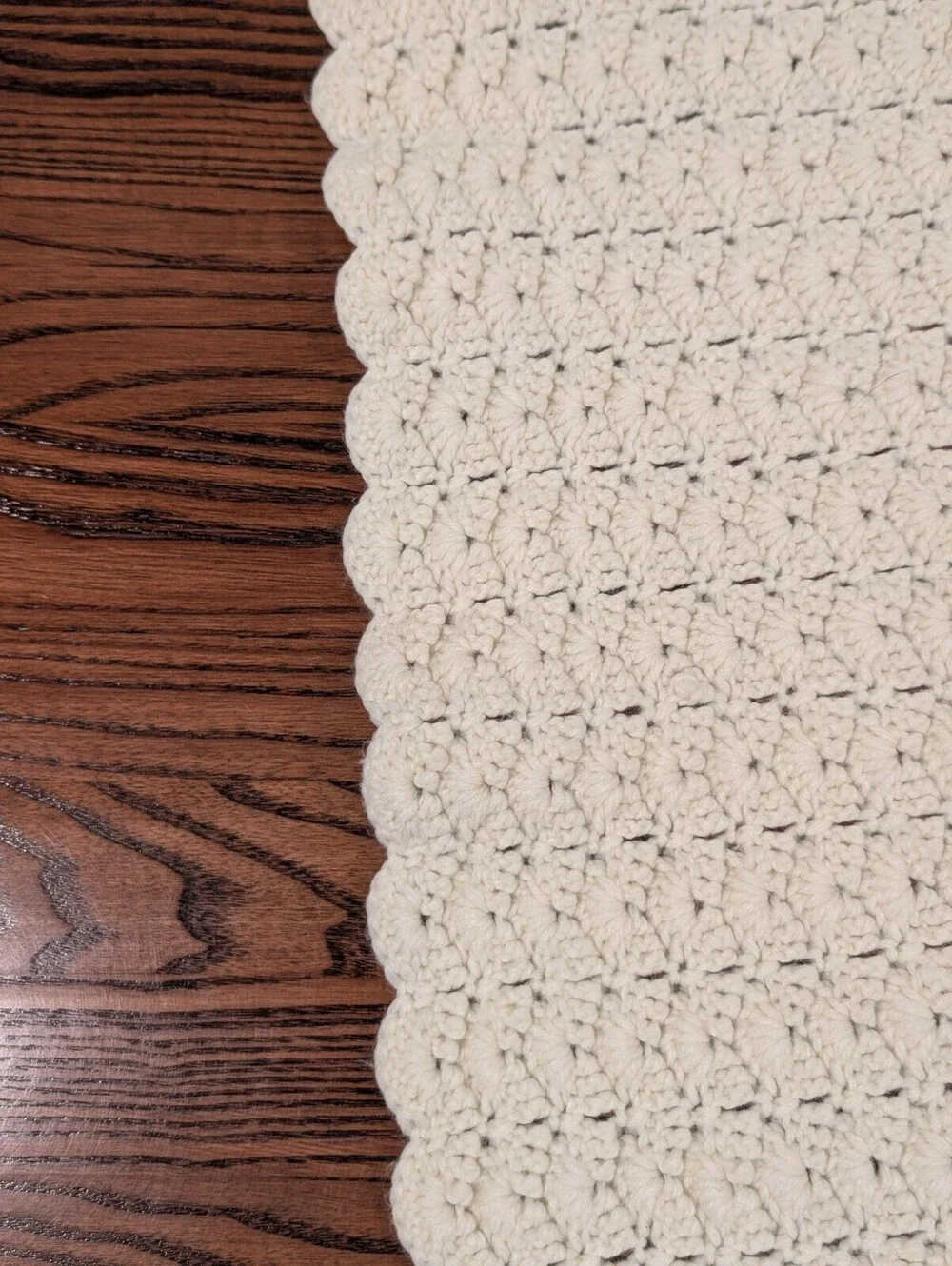 Hand Crocheted Ivory Cream Afghan Throw Crib Blanket 36x48 Scalloped Edge